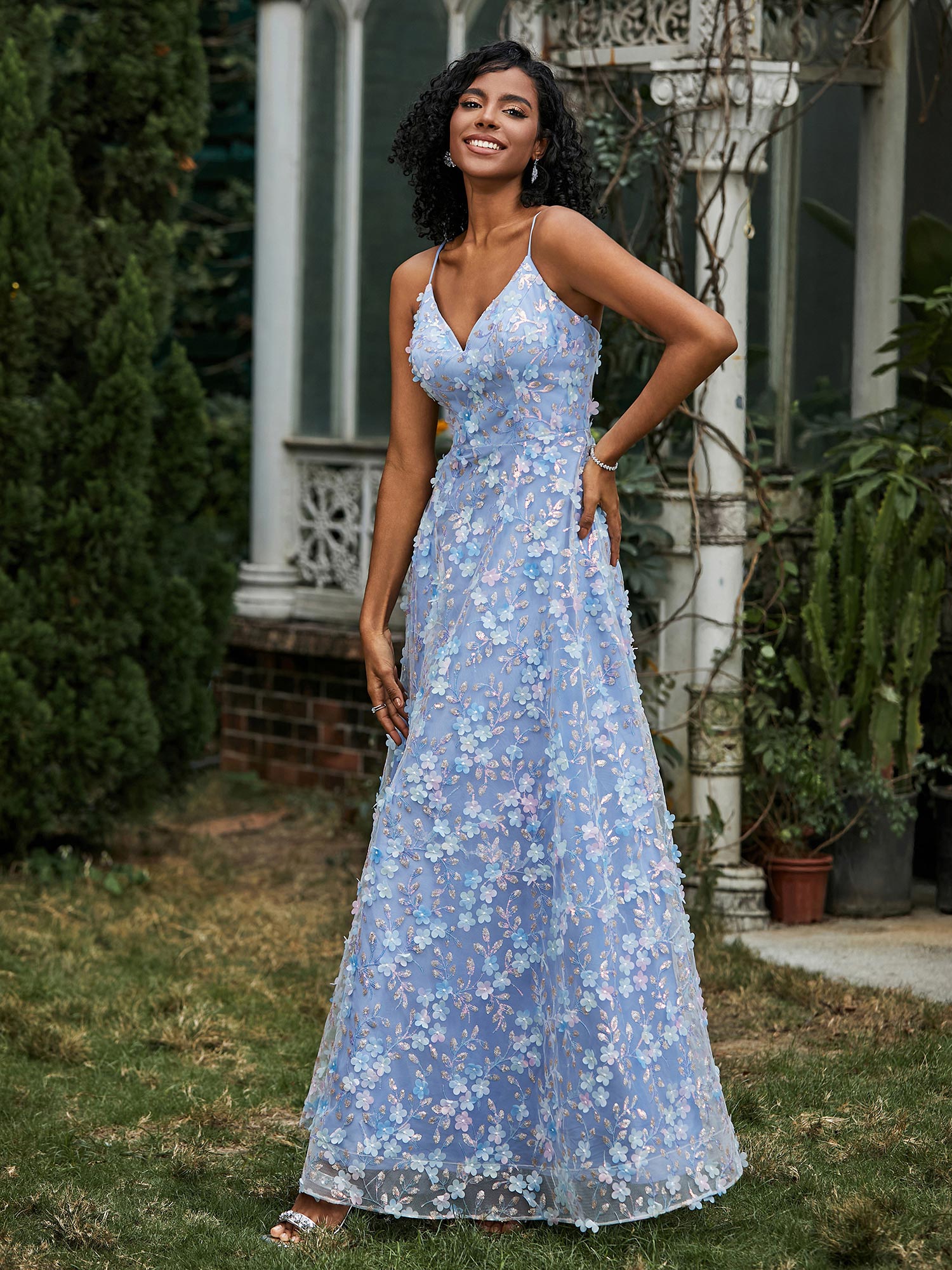 V-Ausschnitt Spitze Applique Blumen A-Linie Kleid Blau